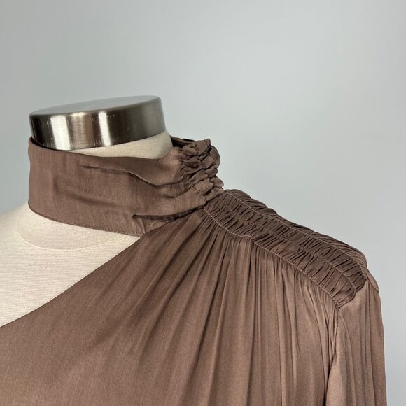 Evereve Allison Joy Womens Piper One Shoulder Blouse Mocha Brown Satin size M - Picture 4 of 14